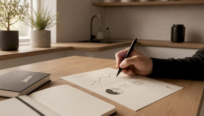 Une main esquissant un schéma de stratégie digitale sur une feuille de papier