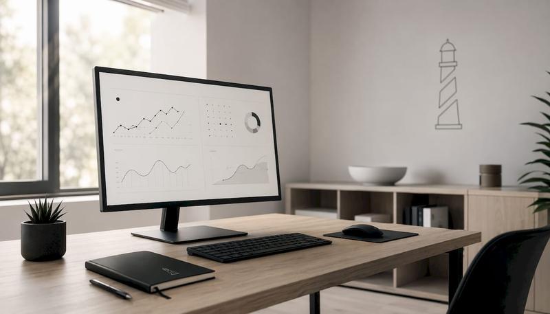 Un tableau de bord SEO épuré en noir et blanc