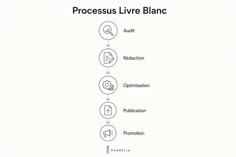 Découvrez, en un coup d’œil, les différentes étapes pour concevoir un livre blanc dédié au SEO grâce à notre infographie.