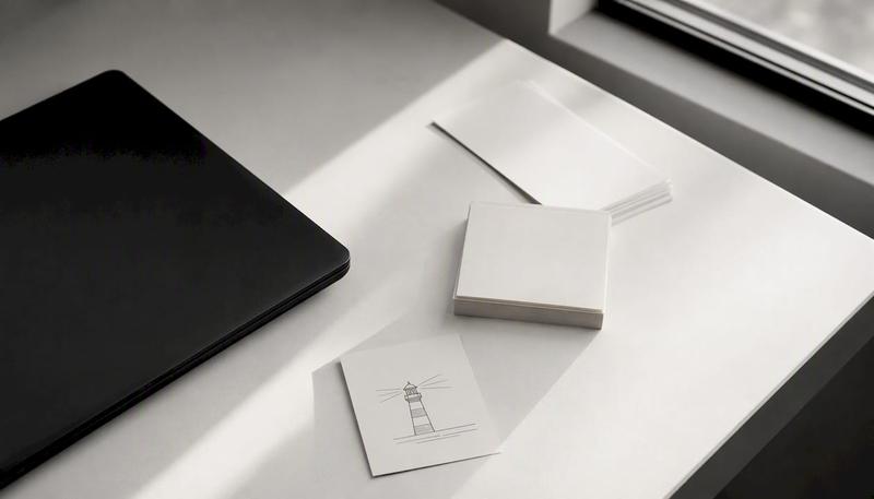 Un espace de travail épuré, équipé d’un ordinateur portable, avec une touche déco inspirée par les phares.