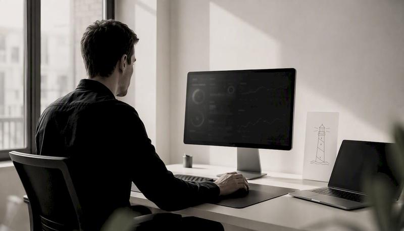 Des mains ajustent les paramètres d’un tableau de bord SEO dans un espace de travail épuré en noir et blanc.