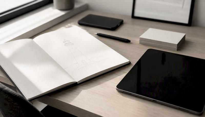 Espace de travail équipé d'outils SEO et d'un carnet pour prendre des notes