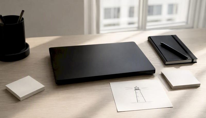 Espace de travail SEO épuré avec un ordinateur portable sombre et une carte illustrant un phare