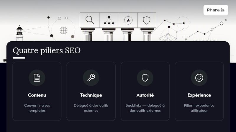 Schéma illustrant les quatre piliers du SEO et la manière dont Notion les prend en charge