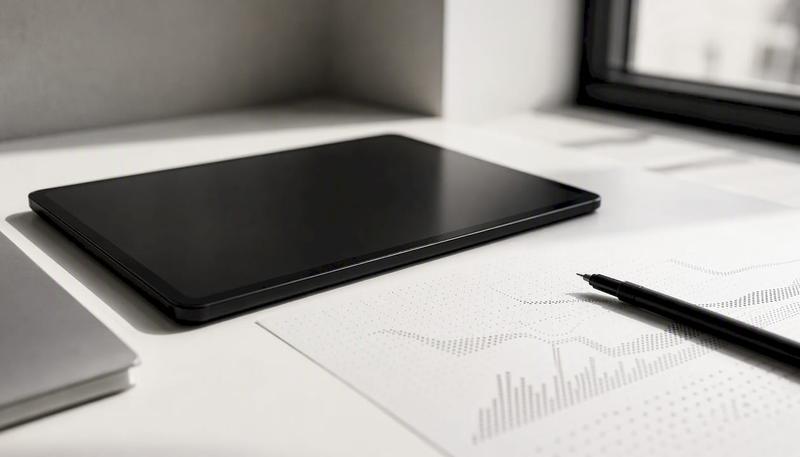 Un bureau épuré avec une tablette et quelques instruments de mesure.