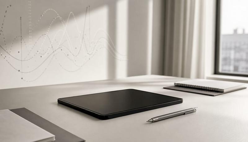 Une tablette sombre posée sur le coin du bureau, à côté d'une carte illustrant un phare.