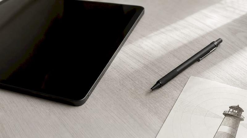 Une tablette et une carte représentant un phare posées sur un bureau épuré