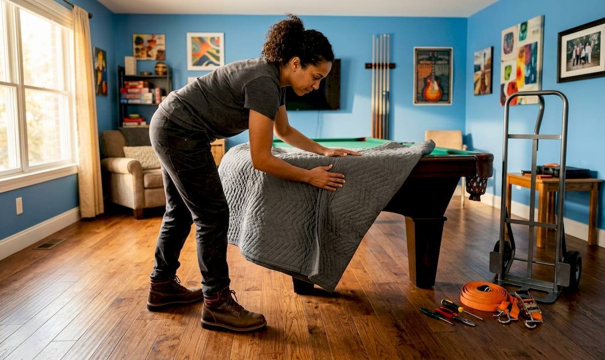 Hands preparing pool table with protective blankets and tools