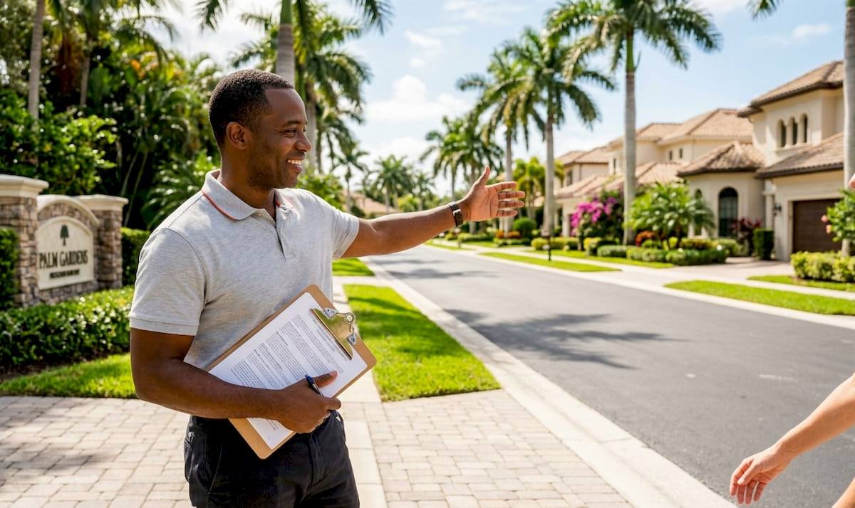 Realtor explaining Naples housing costs outdoors