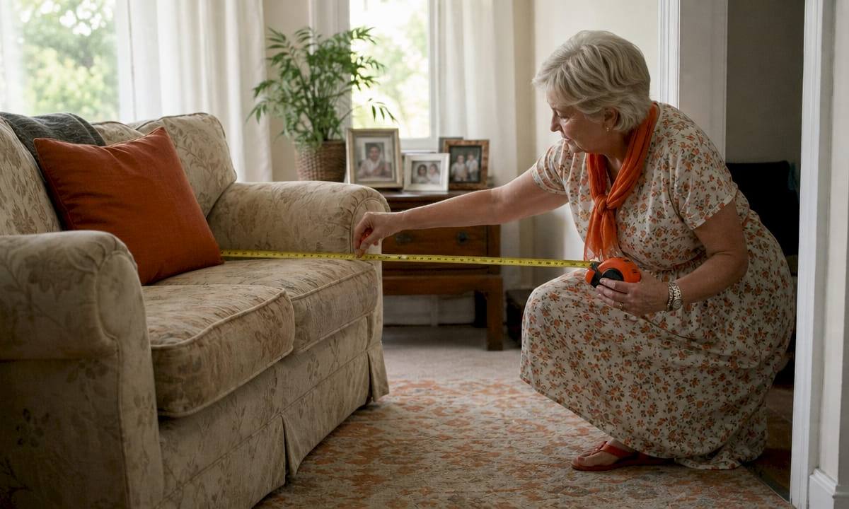Close-up of tape measure on couch and doorway