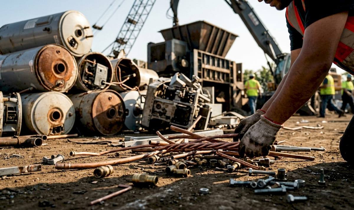 Scrap metal yard with dismantled hot water heaters