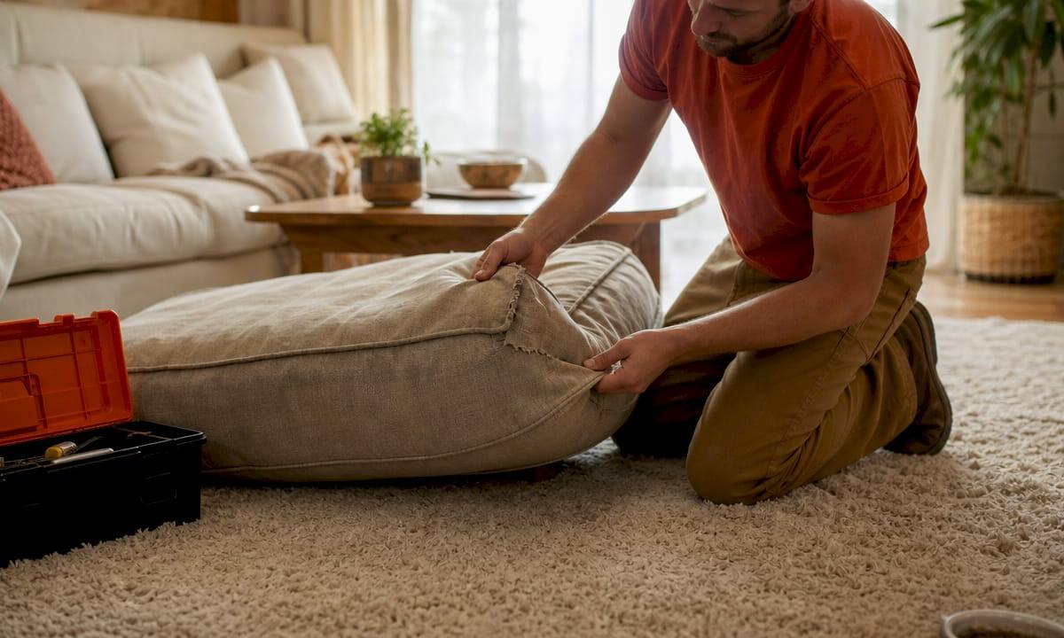 Hands pressing worn sofa cushion foam testing resilience
