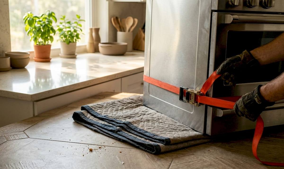 Hands using straps to move stove safely