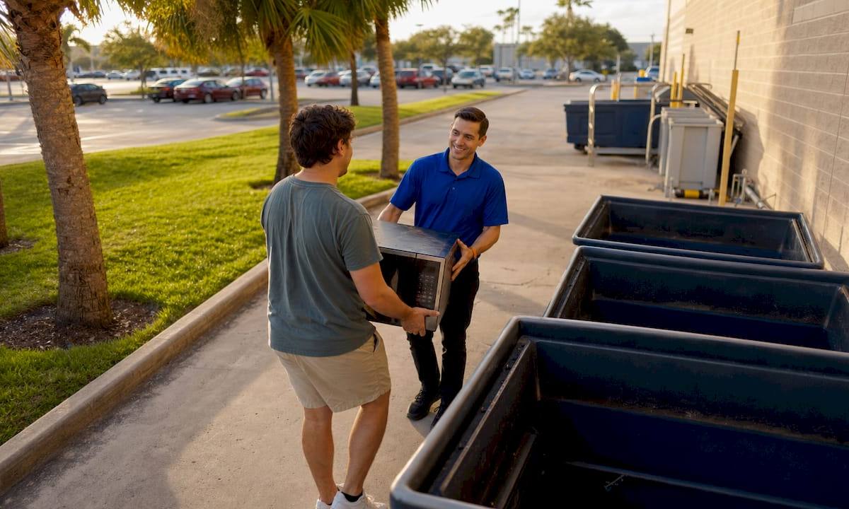 Customer dropping off microwave at retailer recycling