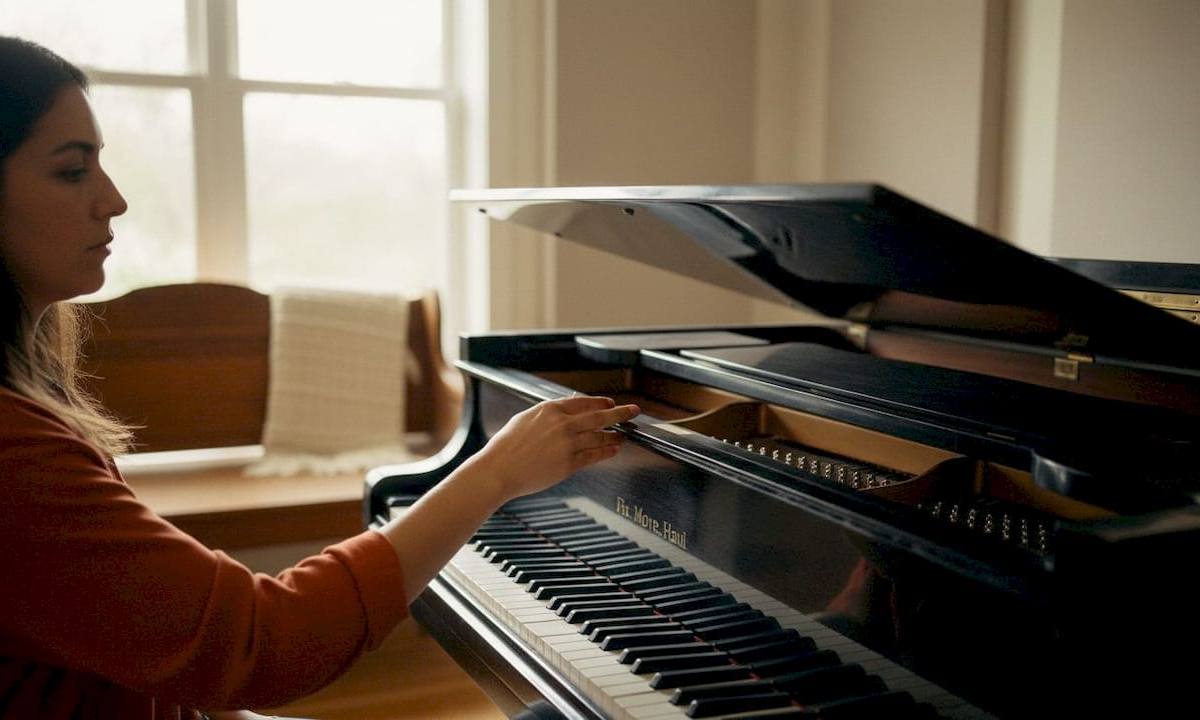 Hands revealing piano brand inside
