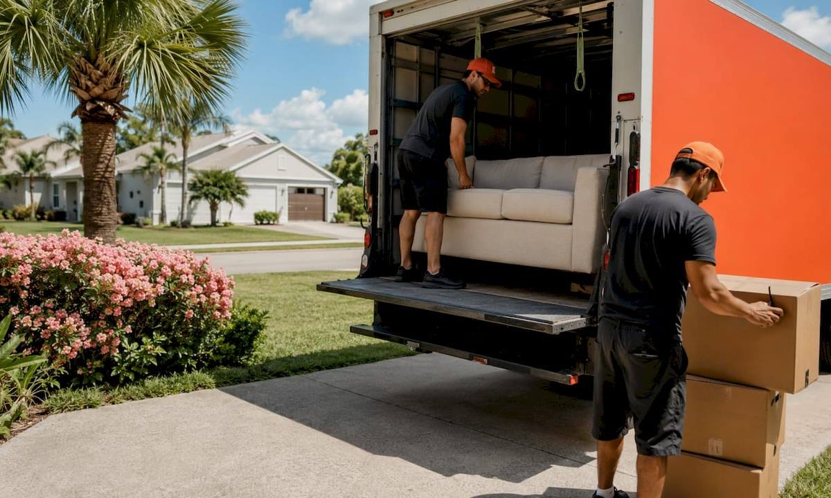Workers loading haul truck in Tampa Bay driveway