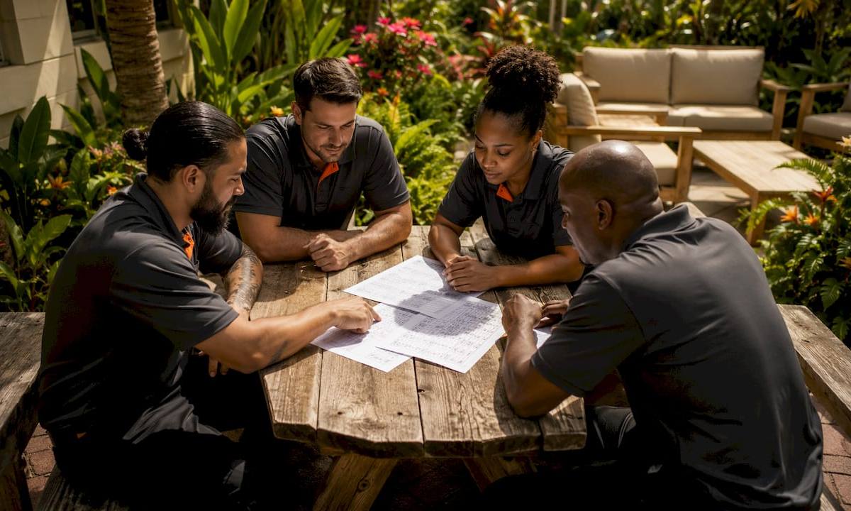 Background-checked moving team meeting outside in Florida