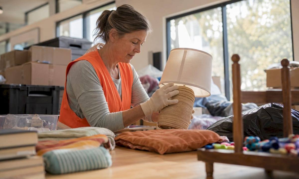 Woman sorting donation items at charity center outdoors