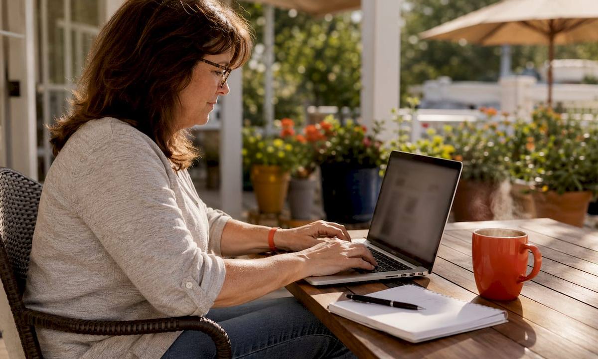Woman researching junk removal companies at kitchen table