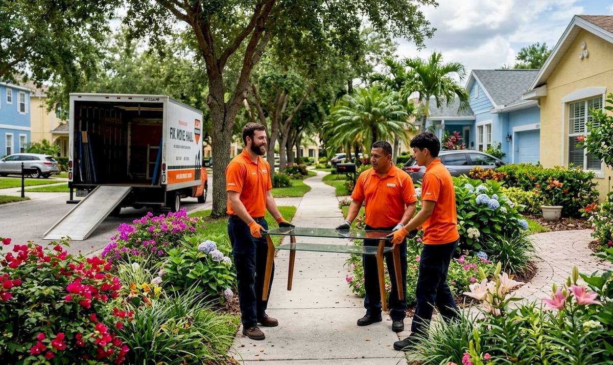 Team carrying glass coffee table outdoors