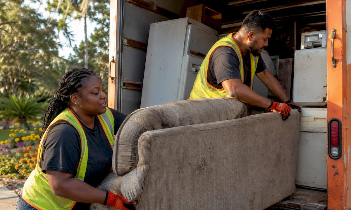 Workers loading junk into haul truck outdoors