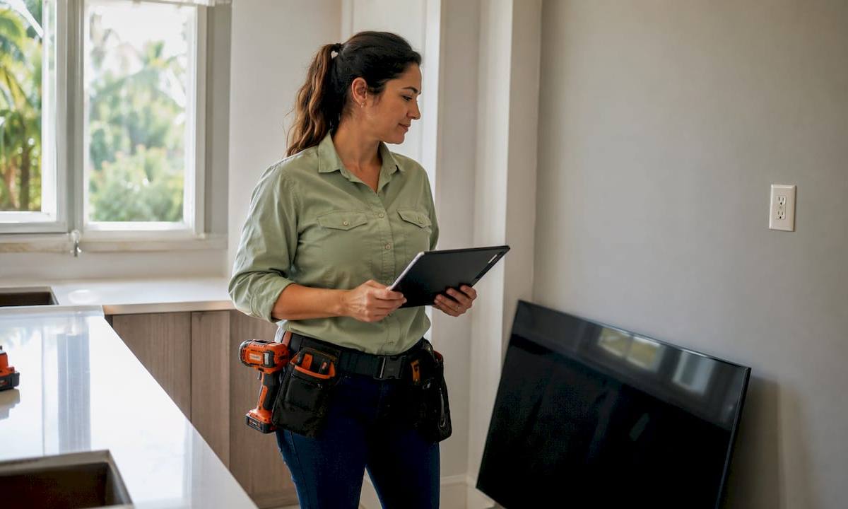 Smart home technician reviewing TV mounting plan
