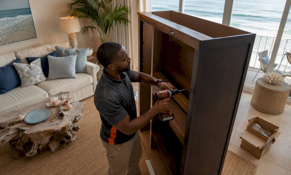 Technician installing wardrobe in Florida condo bedroom