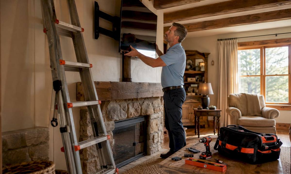 Installer mounting curved TV above fireplace