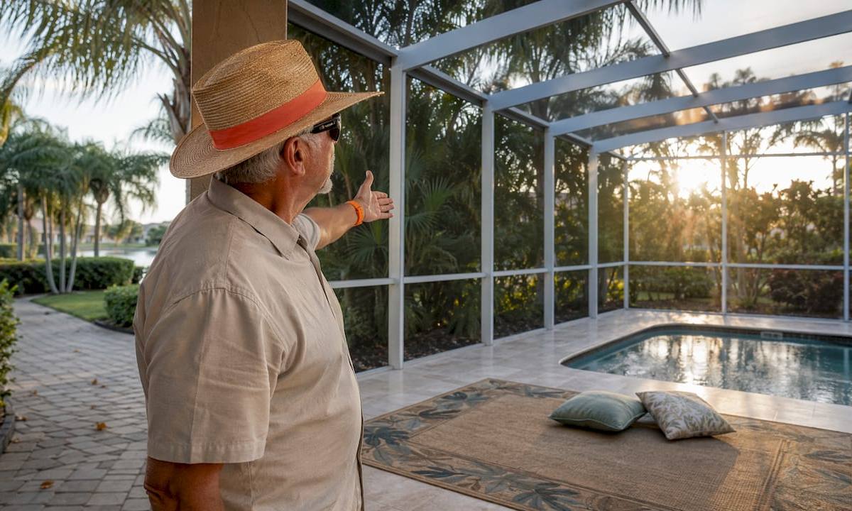 Homeowner inspecting freshly cleaned lanai