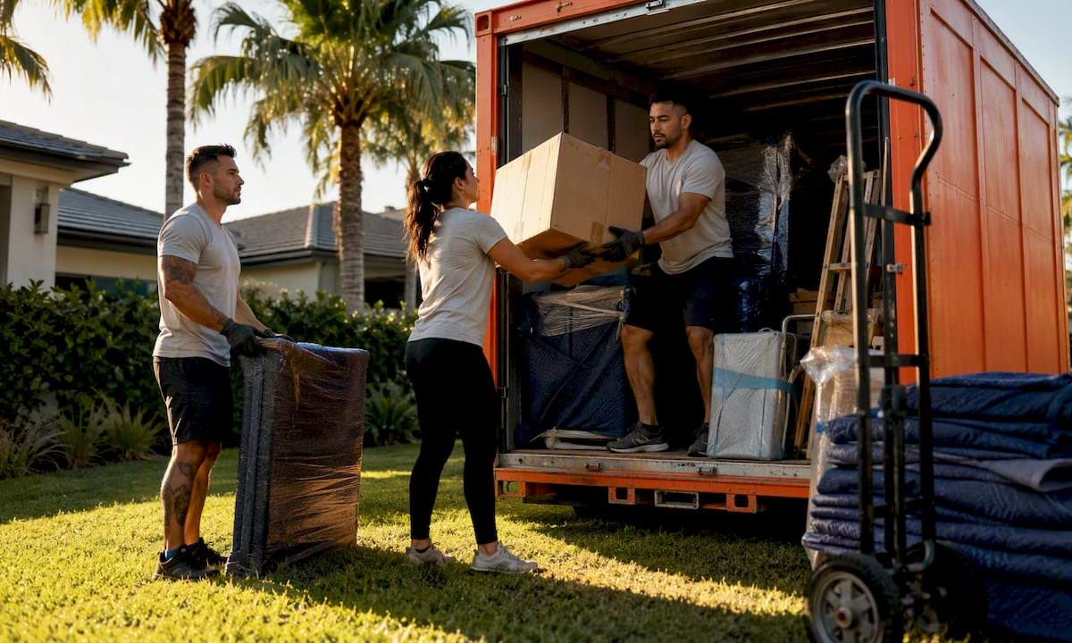Moving team loading portable storage container in driveway