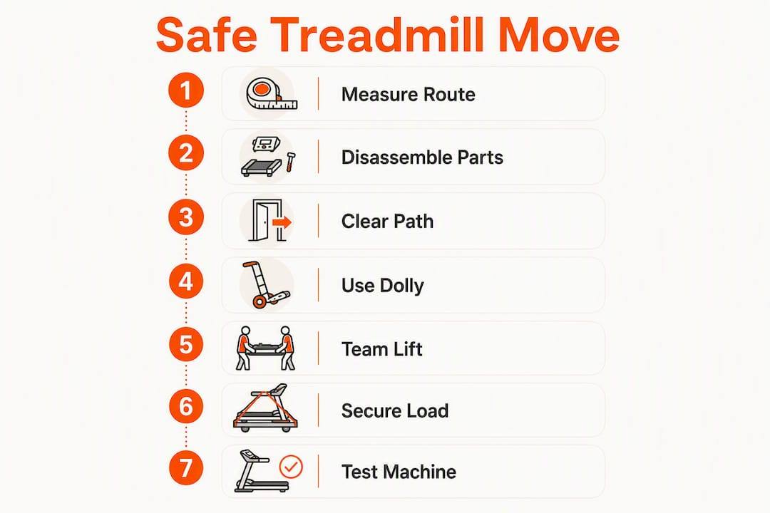 Infographic illustrating safe treadmill moving steps