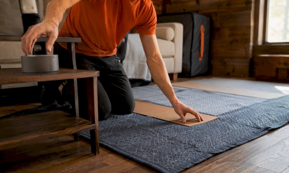 Hands laying floor protection for treadmill