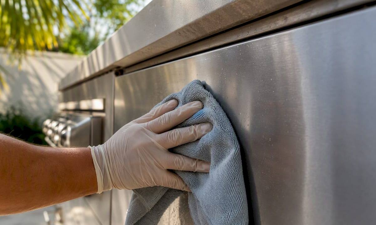 Hand cleaning stainless steel panel with cloth