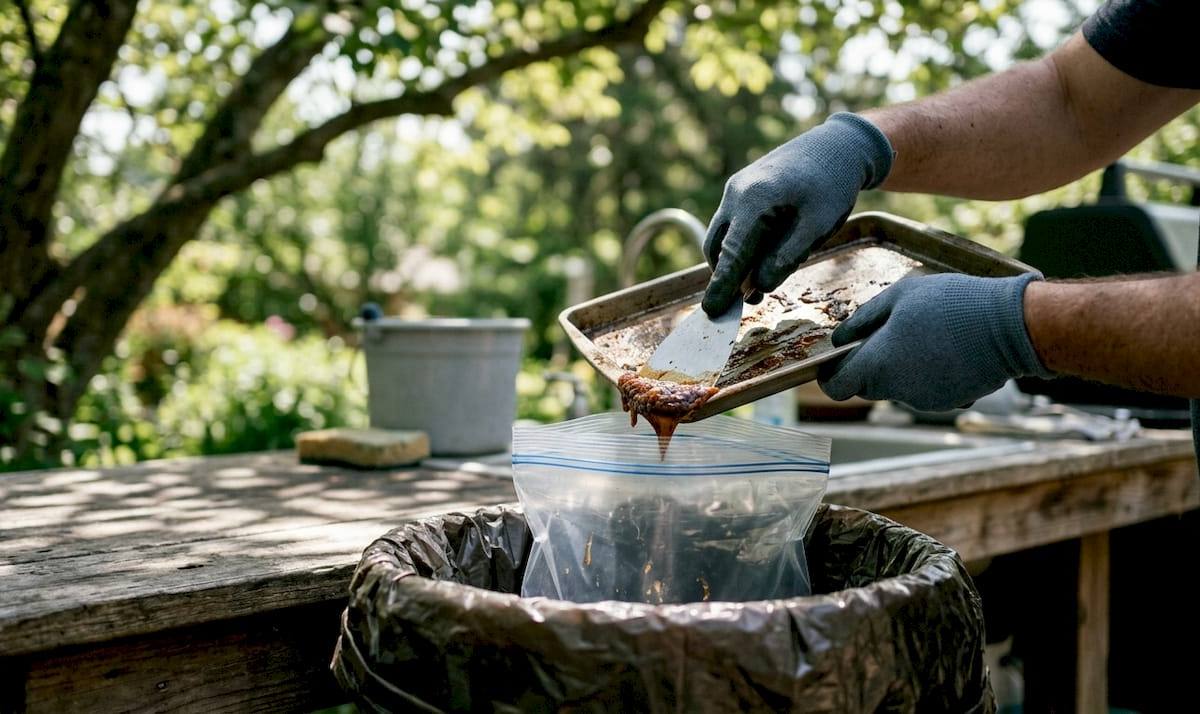 Gloved hands disposing grease in sealed container