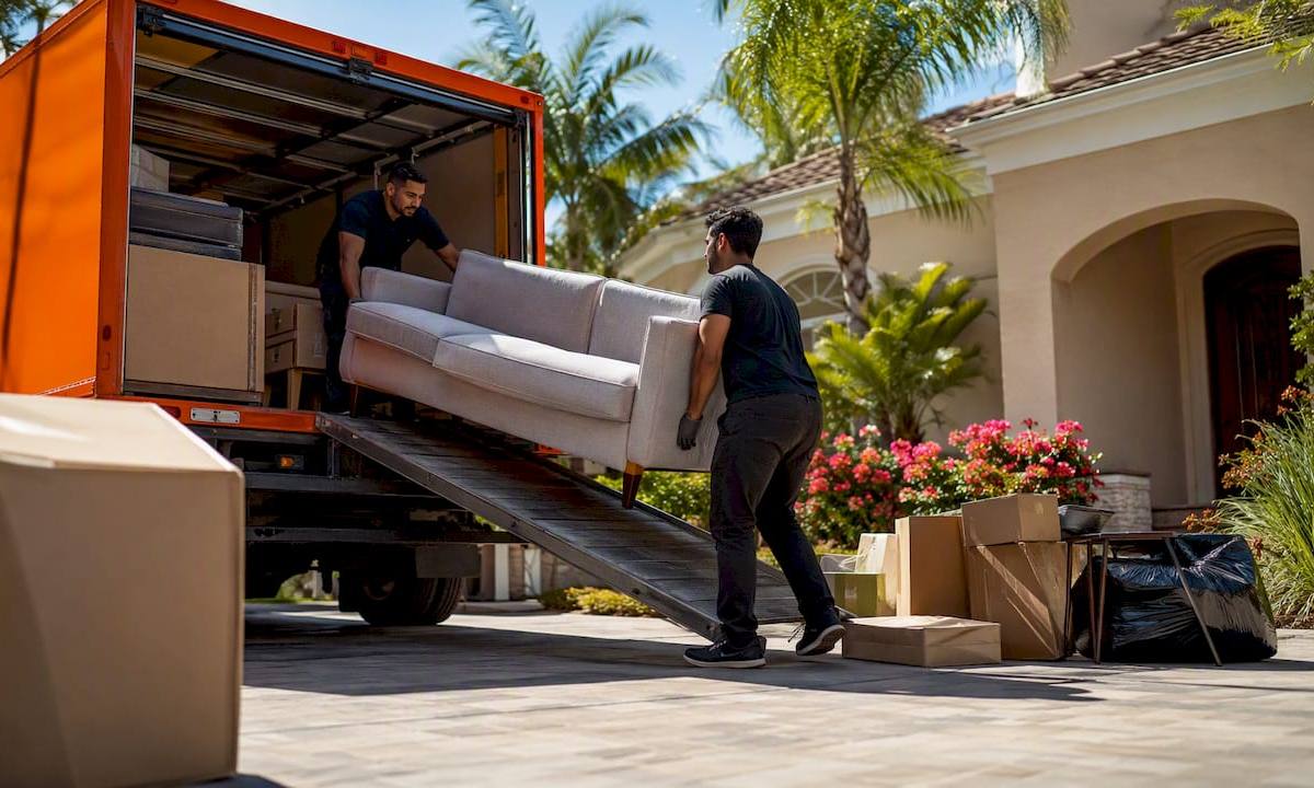 Two workers loading junk removal truck