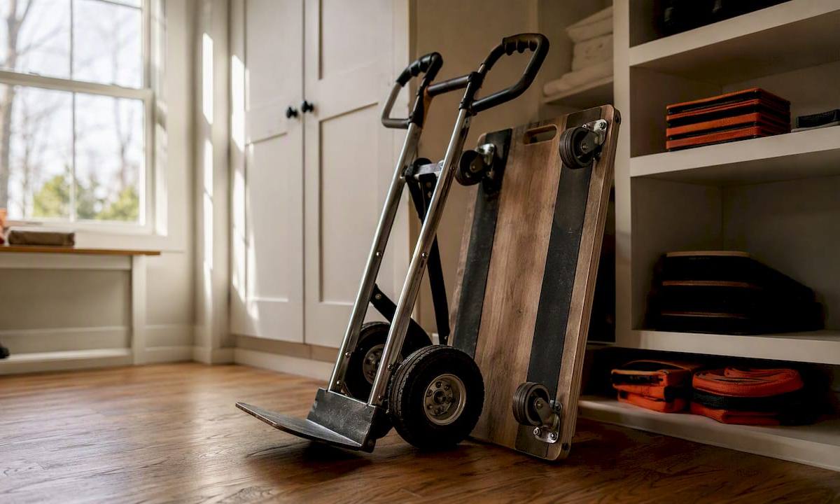 Moving tools including hand truck and dolly in garage