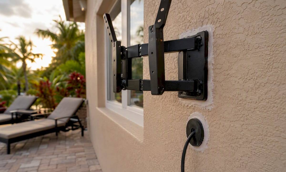 Outdoor TV mount on brick wall with sealant