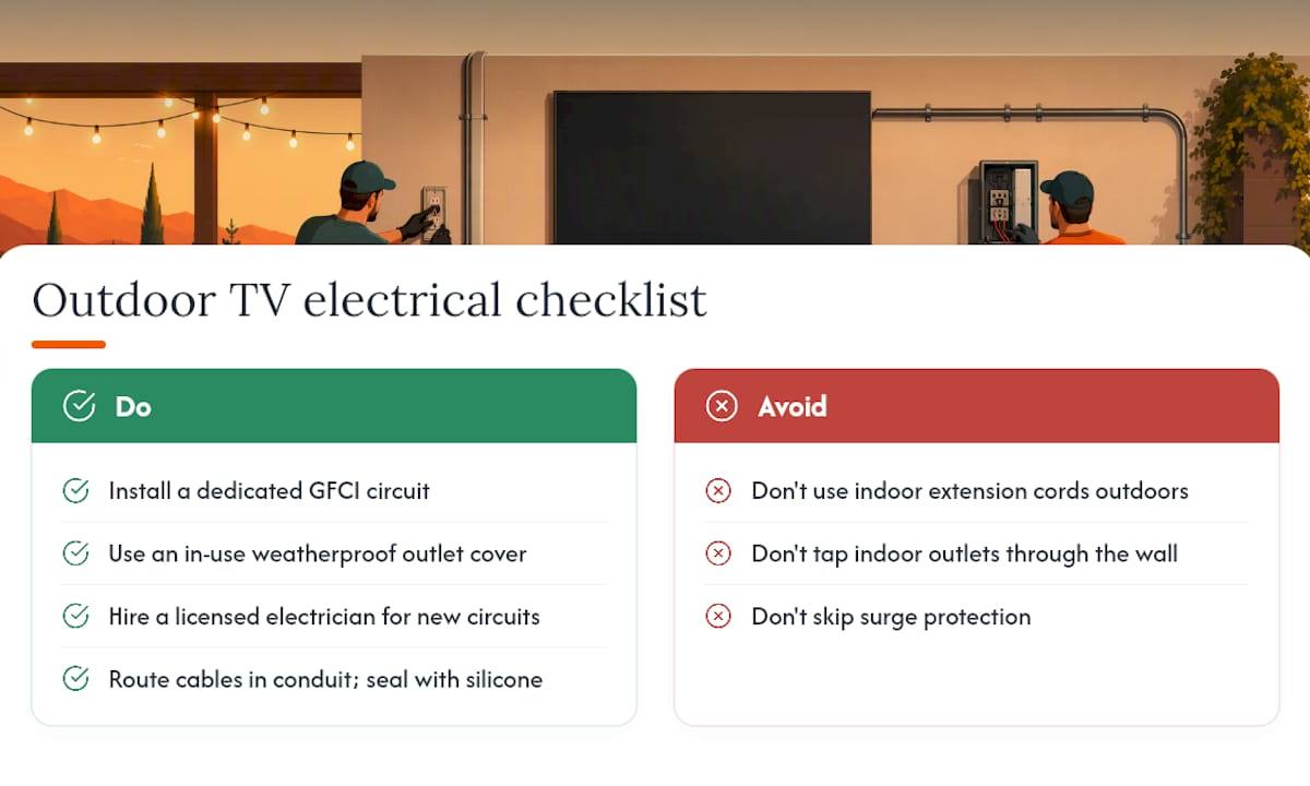 What electrical work does an outdoor TV installation require? — overview diagram