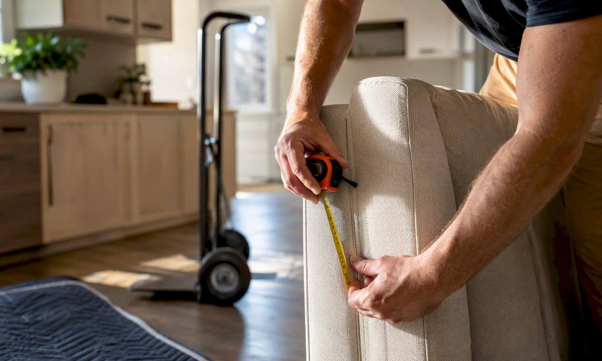 Mover measuring couch with tape measure