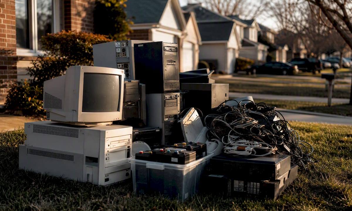 Stack of assorted electronic waste items