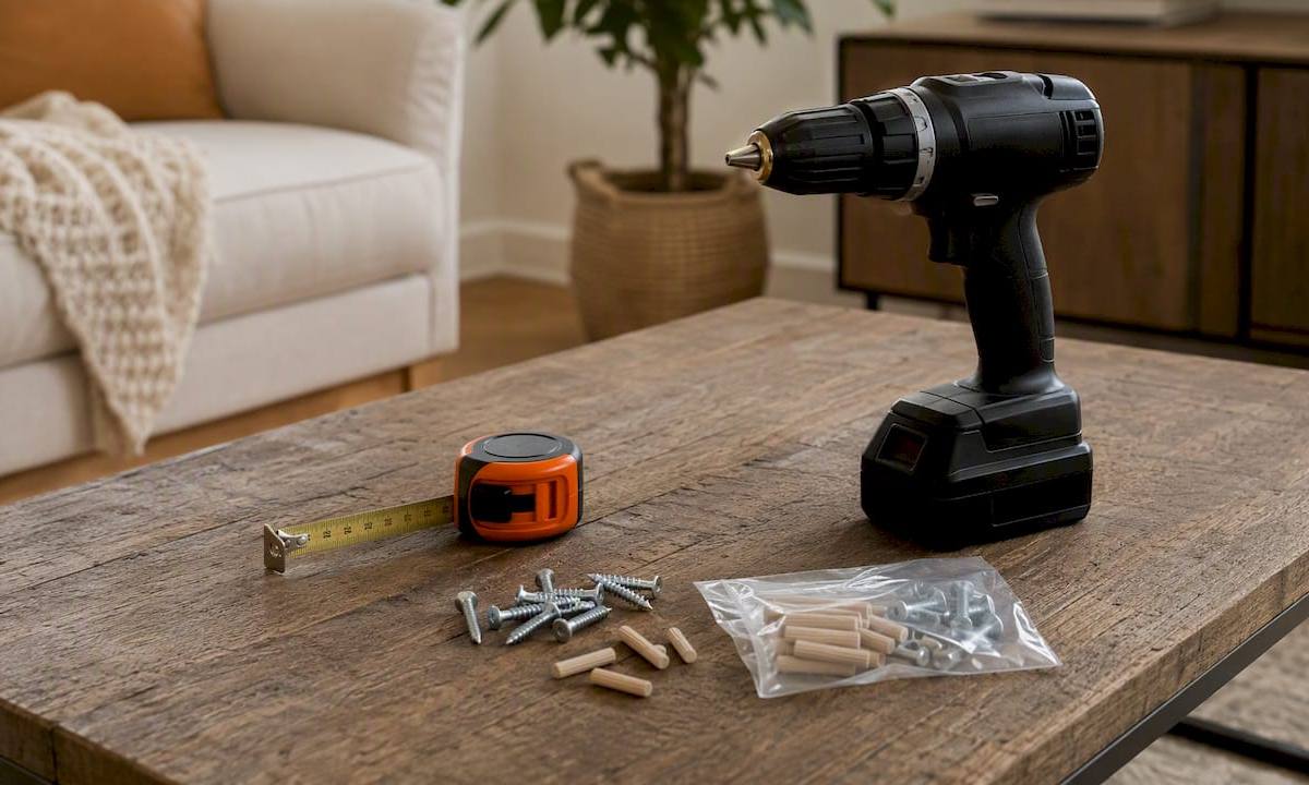 Cordless drill and assembly tools on table