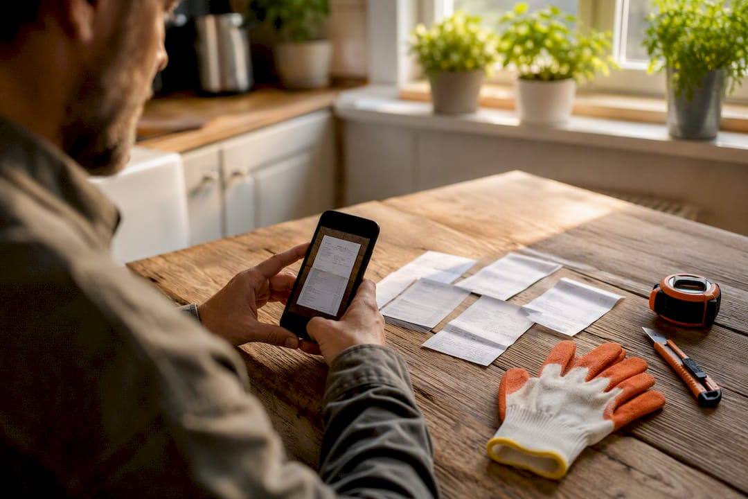 Hands photographing cleanout receipts and invoices