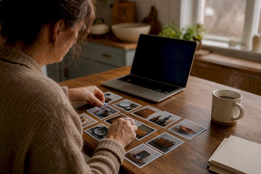 Hands organizing printed item photos on desk