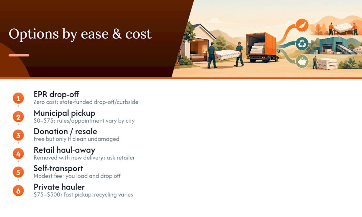 Diagram comparing mattress recycling options by cost and ease