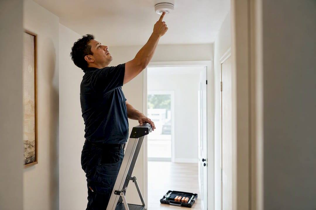 Technician testing smoke detector before handoff