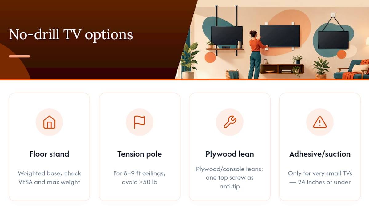Four no-drill TV mounting options compared