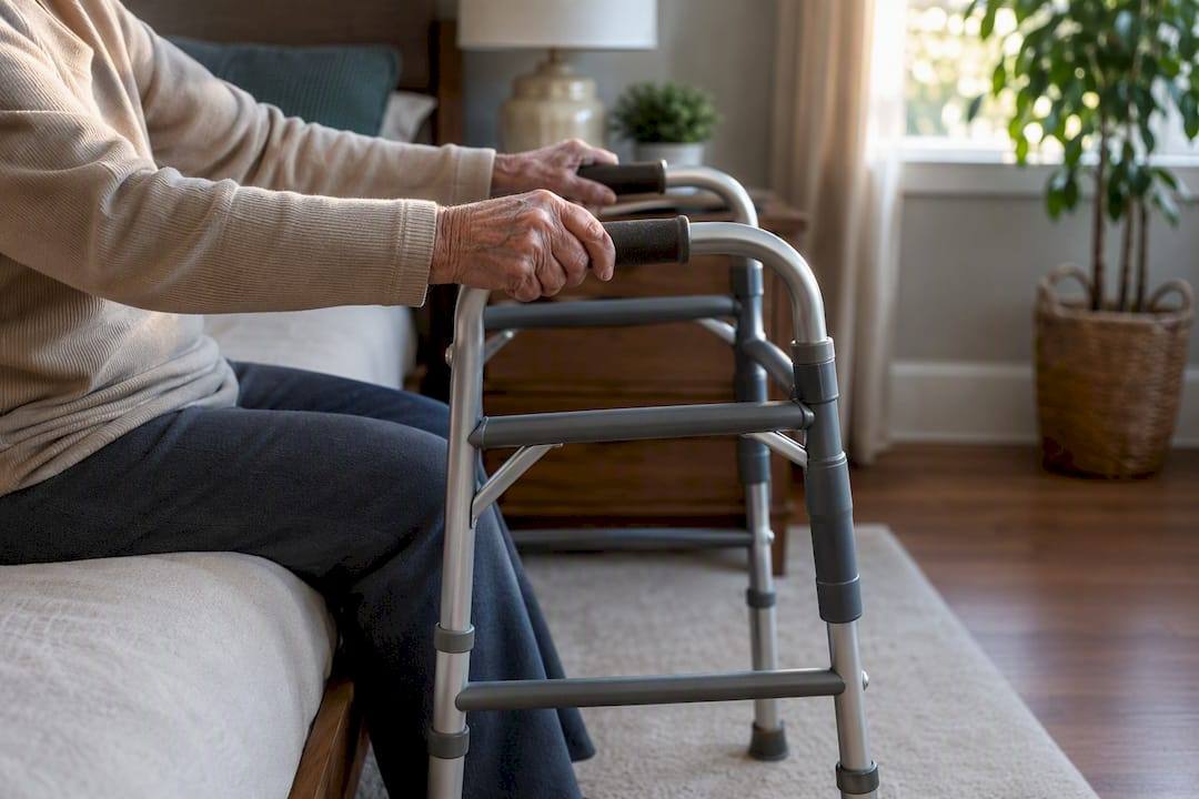 Walker positioned within reach beside bed