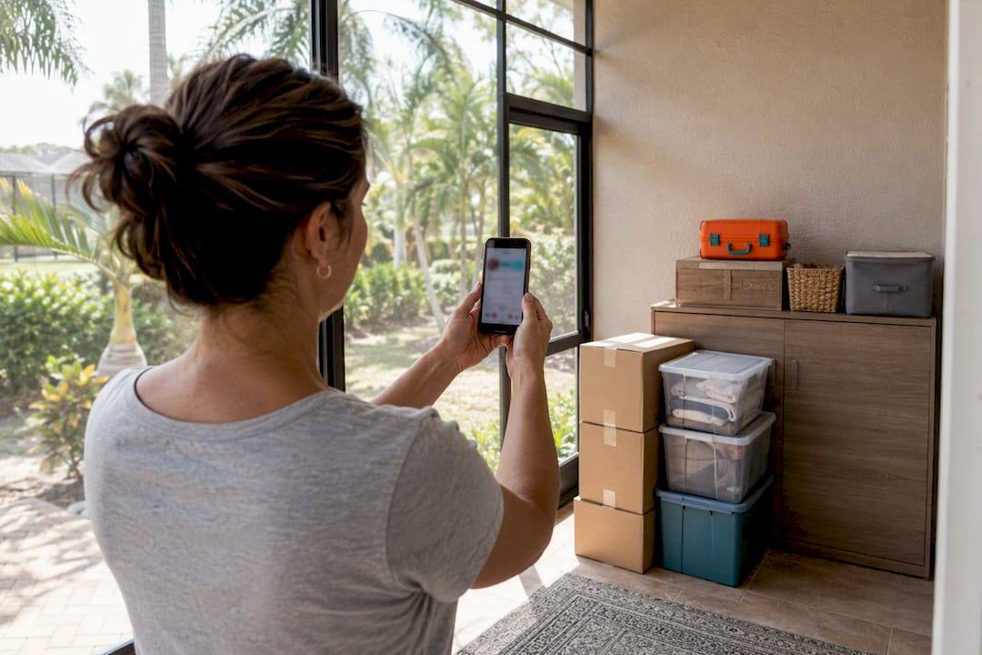 Homeowner photographing lanai storage for estimate