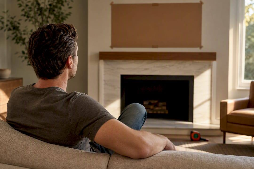 Homeowner testing TV height with cardboard