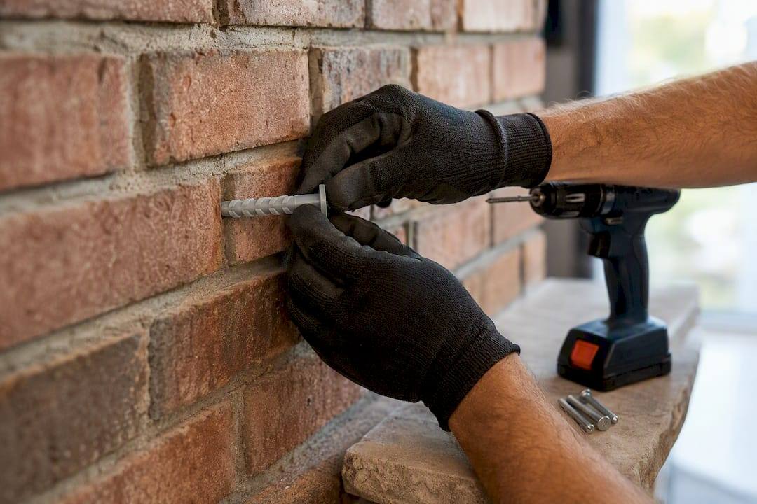 Masonry anchor positioned on fireplace brick